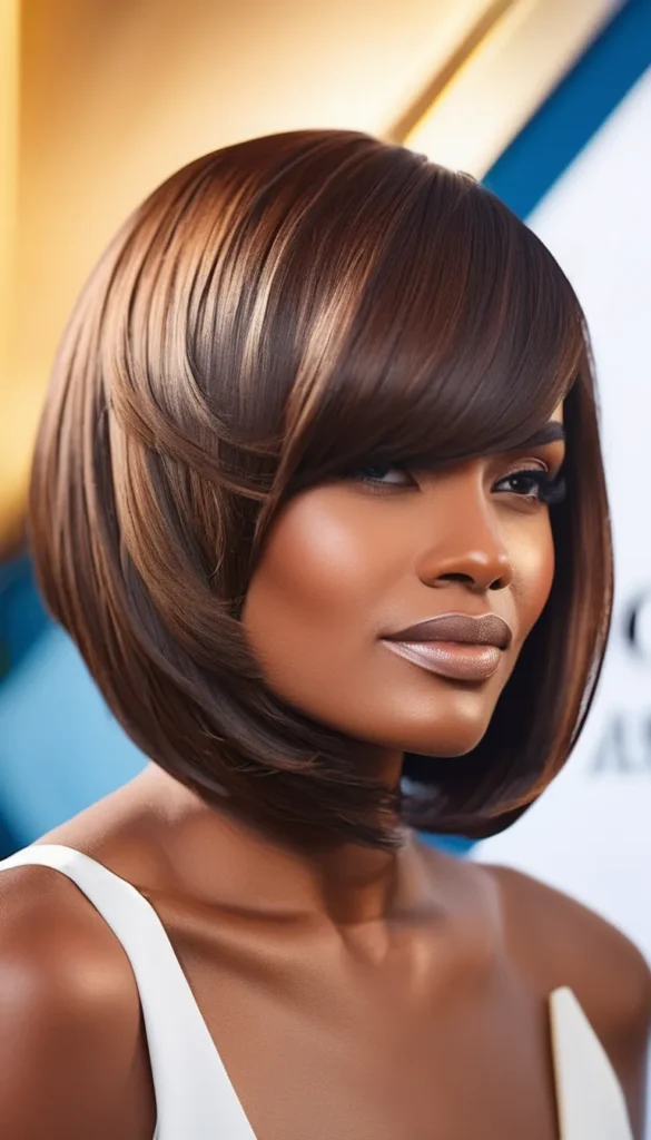 Dark Angled Bob with Thick Bangs