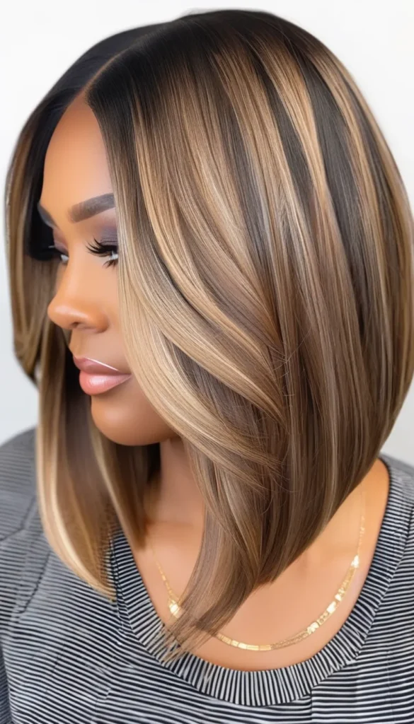 Sleek Lob with Money Piece Highlights