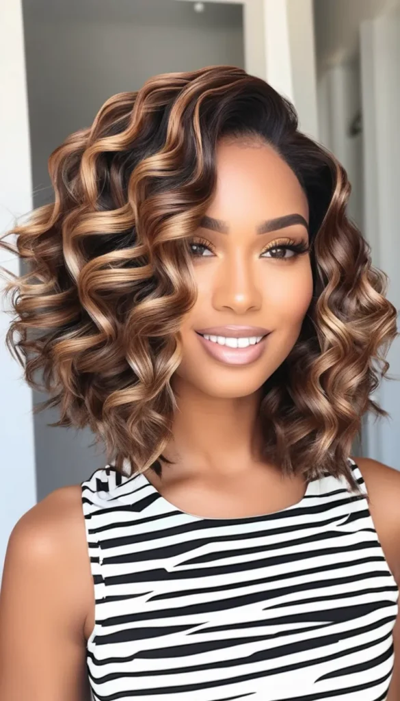 Curly Chocolate Bob with Caramel Highlights