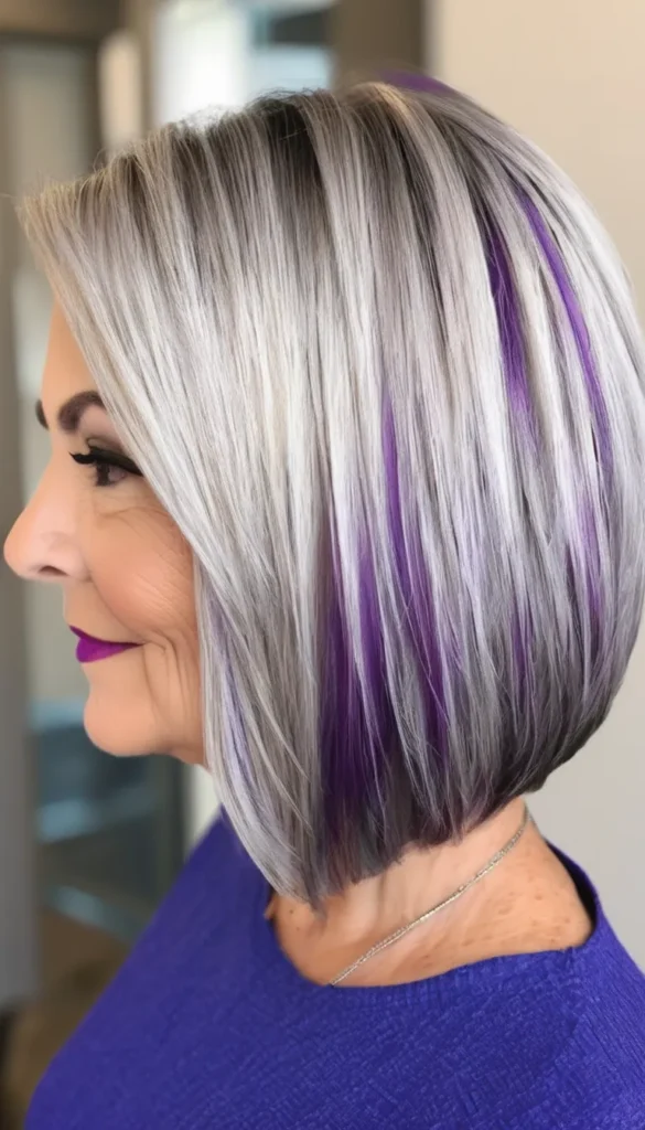 Gray Angled Bob with Purple Lowlights