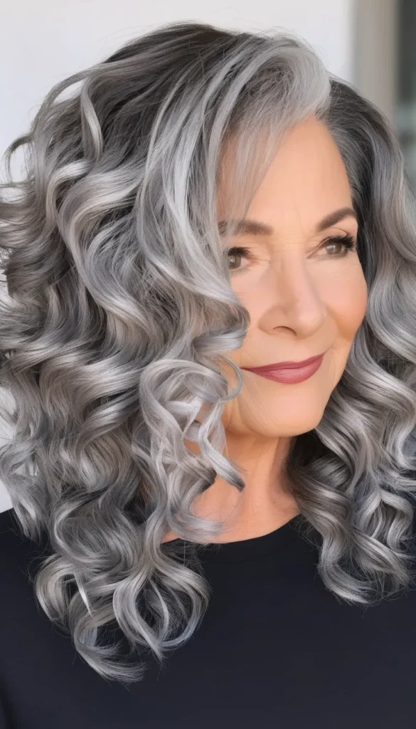 Grey Curly Lob with Side Part