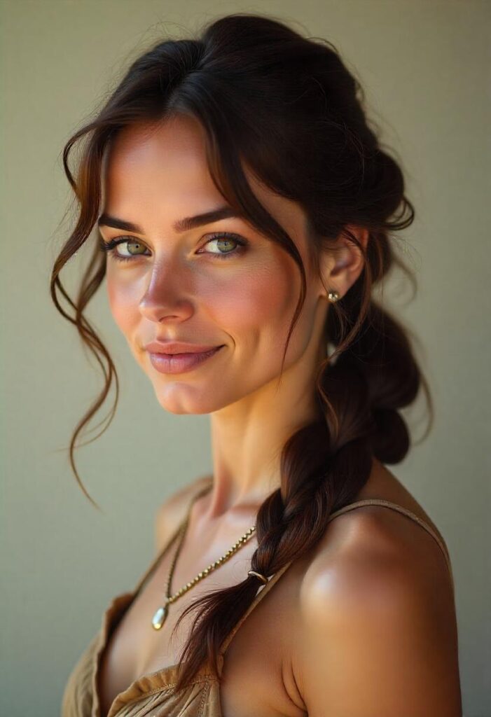 Low Braided Ponytail with Airy Bangs