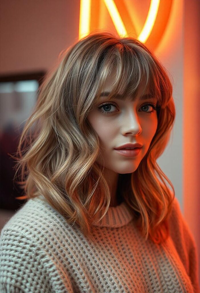 Shoulder-Length Wavy Hair with Wispy Bangs