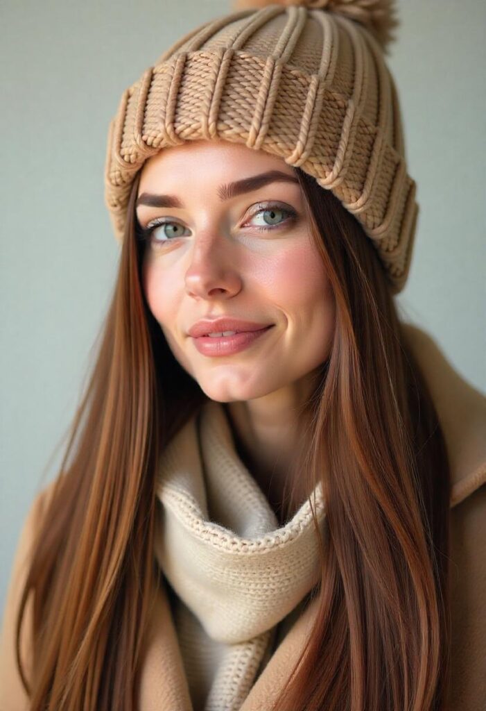 Long And Sleek Hair With Winter Hat 