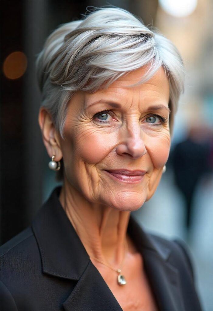 20 Pixie Hairstyles for Women Over 50: Trendy Cuts to Refresh Your Look 6 Silver Pixie with Side-Swept Bangs