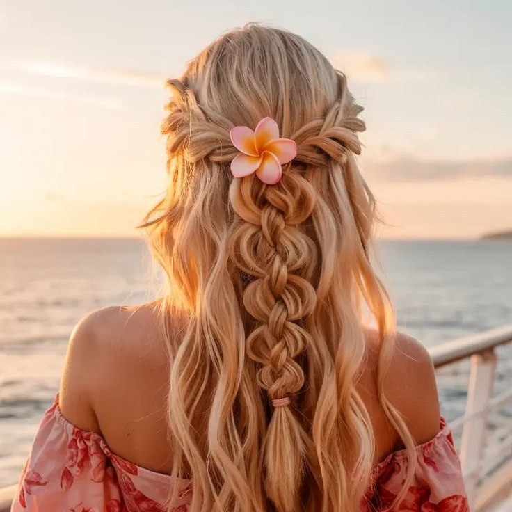 12 Quick Summer Vacation Hairstyles You Can Do in Minutes 7 Romantic Braided Half-Up with Flower Accent
