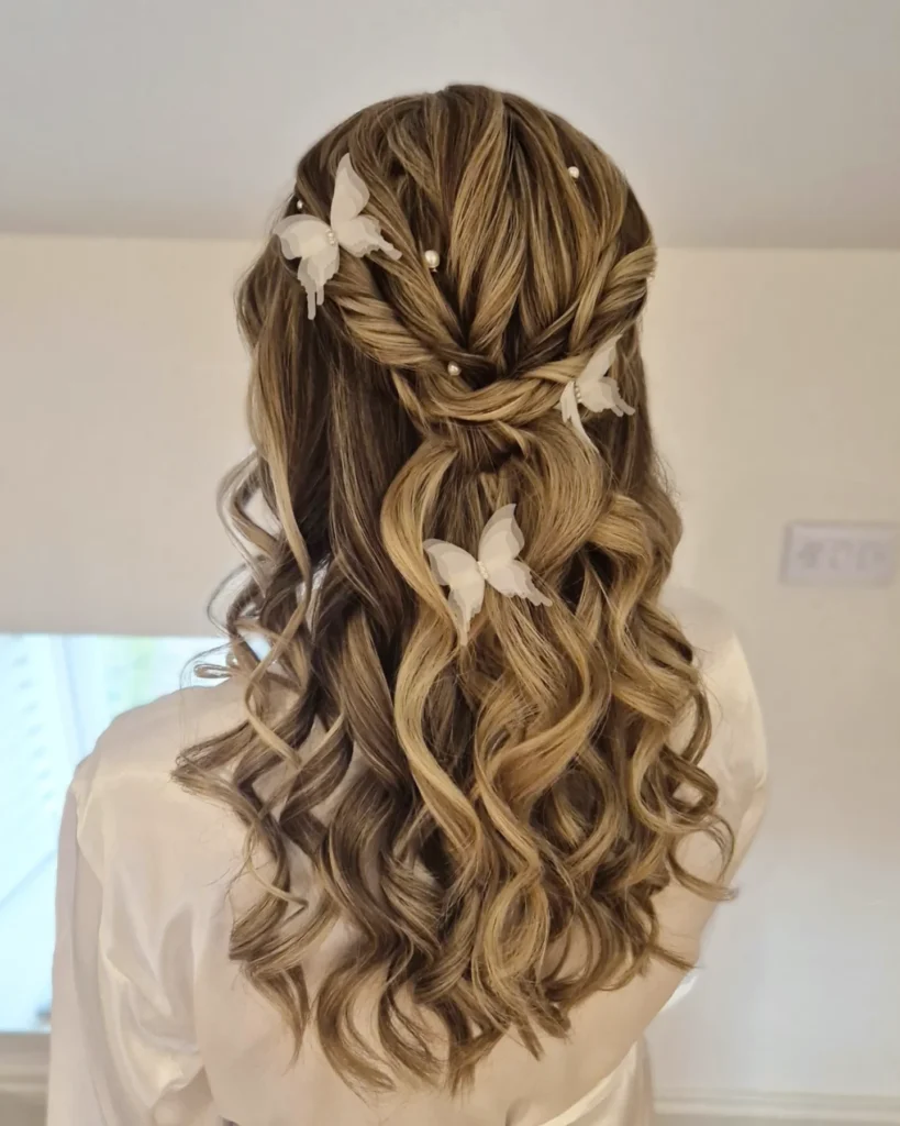 12 Best Wedding Hairstyles in 2025: From Chic Updos to Flowing Waves 5 Half-up with Butterfly Hair Accessories